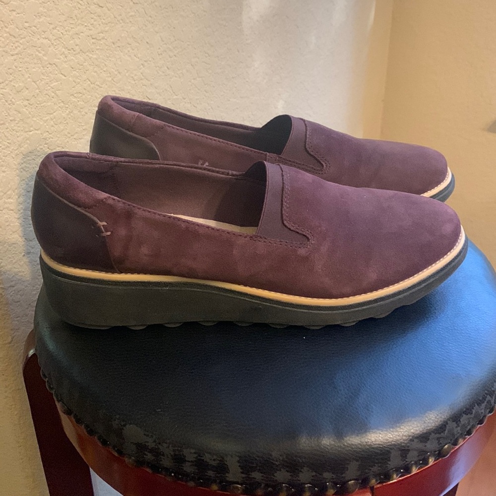 Clarks purple suede loafers. Very good condition! From a smoke free home.